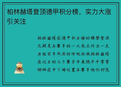 柏林赫塔登顶德甲积分榜，实力大涨引关注