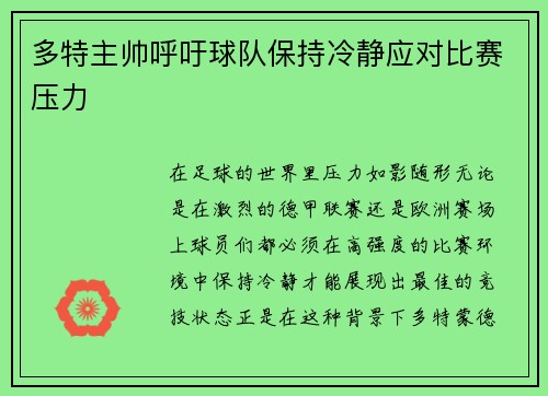 多特主帅呼吁球队保持冷静应对比赛压力