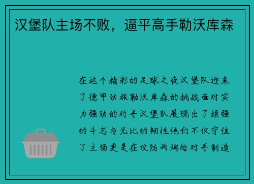 汉堡队主场不败，逼平高手勒沃库森